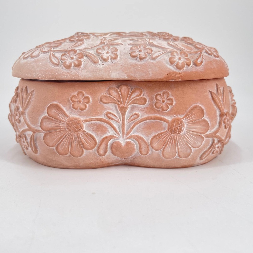 Vintage Terracotta Heart Trinket Box Embossed Angel Bird Floral Lidded Korea - Picture 3 of 11